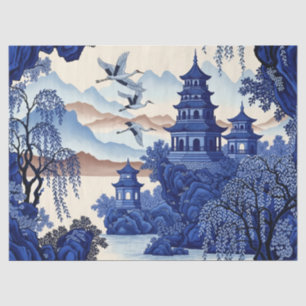Papel De Seda Estampado de decoupage de chinoisería azul estilo 