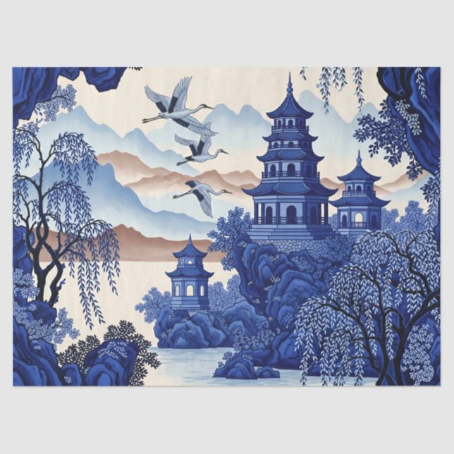 Papel De Seda Estampado de decoupage de chinoisería azul estilo  (Anverso)