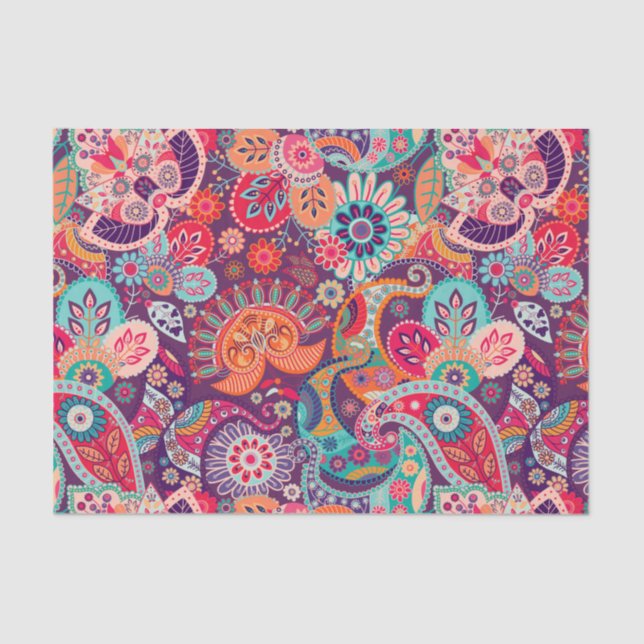 Papel De Seda Estampado de flores de neón rosado de Paisley (Anverso)