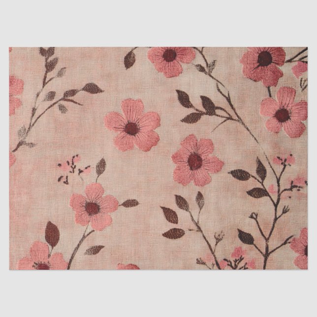 Papel De Seda Estampado de lino floral rústico rosado (4) (Anverso)