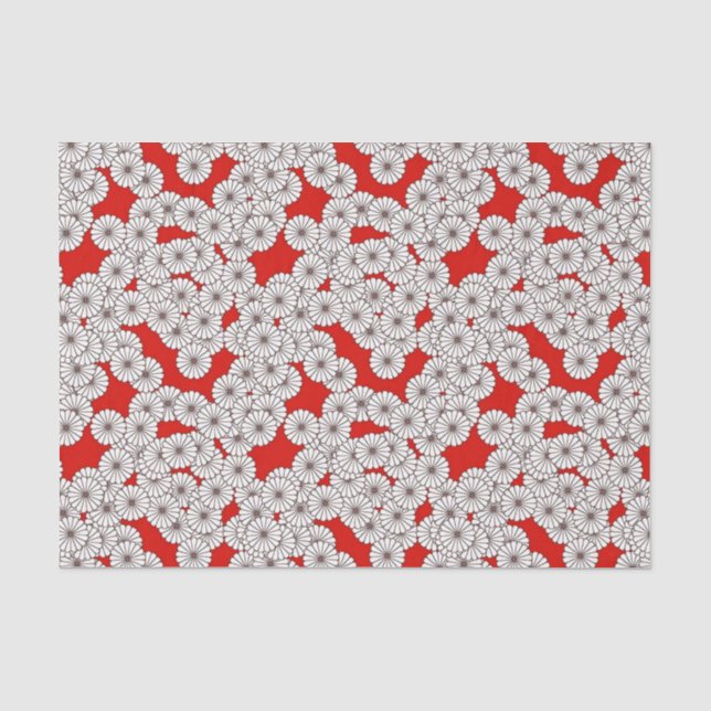 Papel De Seda Estampado de plores del art déco - blanco en rojo (Anverso)