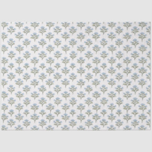 Papel De Seda Estampado floral azul y oliva, impresión en bloque