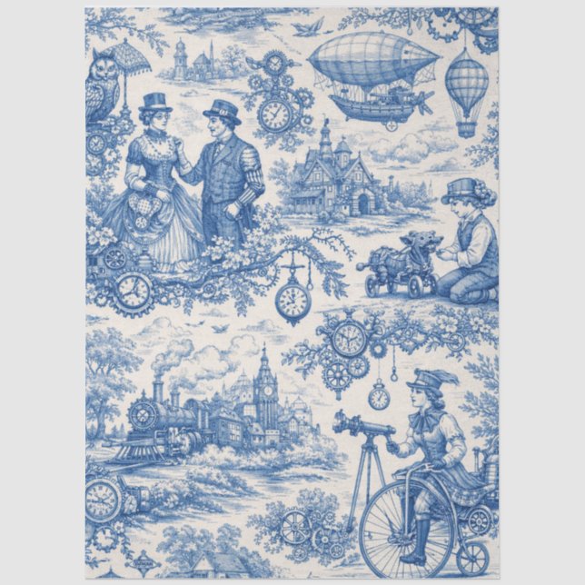 Papel de seda estampado steampunk de toile azul (Anverso)