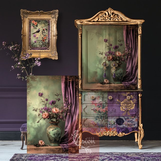 Papel De Seda Estética Oriental Chinoiserie Floral Still Life (Oriental Aesthetics, Chinoiserie Still Life Vase & Floral, Decoupage Tissue Paper.)