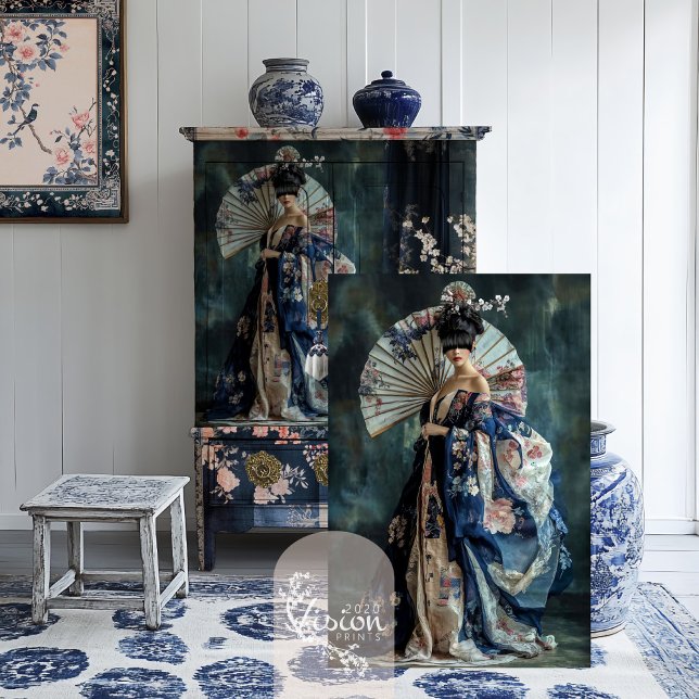 Papel De Seda Estética Oriental Elegante Retrato Geisha (Elegant Geisha Portrait Beauty, cherry blossom & fan couture, furniture decoupage tissue paper)