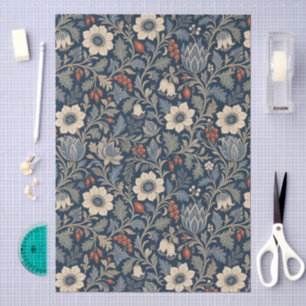 Papel De Seda Estilo Art Nouveau Patrón Floral Azul Marino
