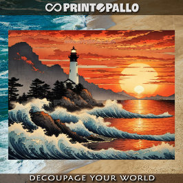 Papel De Seda estilo de olas de Hokusai con faro costero
