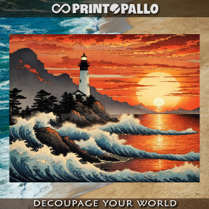 Papel De Seda estilo de olas de Hokusai con faro costero