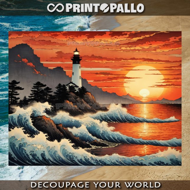Papel De Seda estilo de olas de Hokusai con faro costero (Subido por el creador)