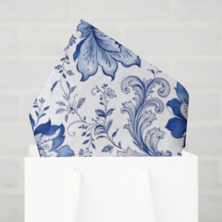 Papel De Seda Estilo Delft Azul Blanco Flores Fantasía Caprichos