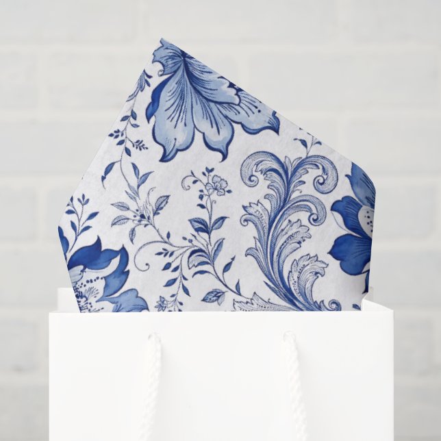 Papel De Seda Estilo Delft Azul Blanco Flores Fantasía Caprichos (Bolsa de regalo)