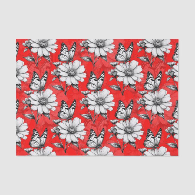 Papel De Seda Estilo Rojo De Moda De Mariposa En Patrón De Flor (Anverso)