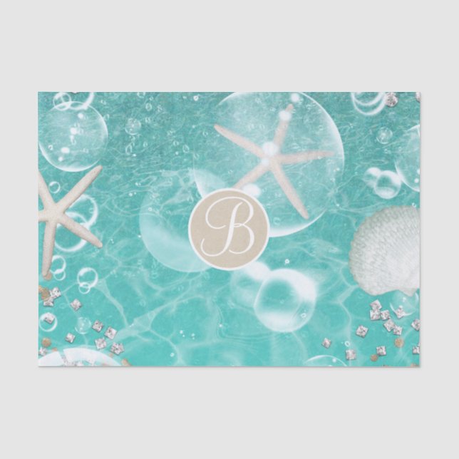 Papel De Seda Estrella de mar turquesa y monograma inicial de bu (Anverso)