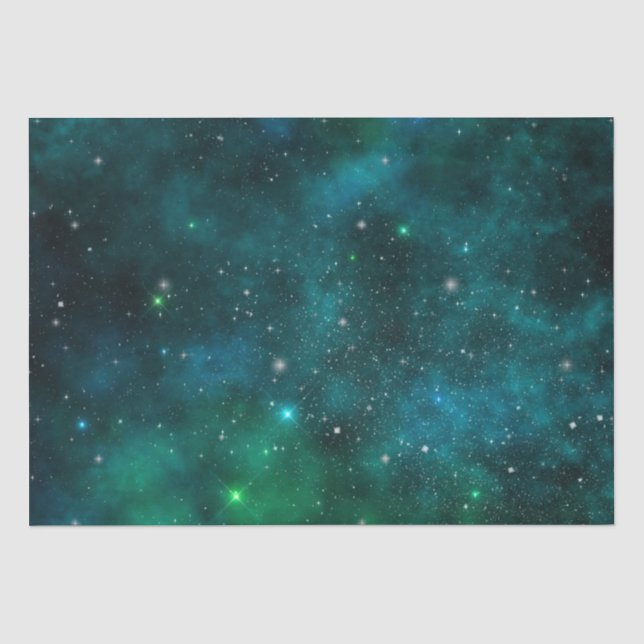 Papel De Seda Estrellas brillantes sobre fondo de espacio verde  (Anverso)