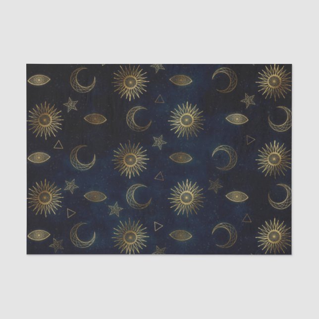 Papel De Seda Estrellas de luna de oro azul celestial (Anverso)