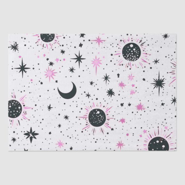 Papel De Seda Estrellas de luna de sol celestial negro y rosa (Anverso)