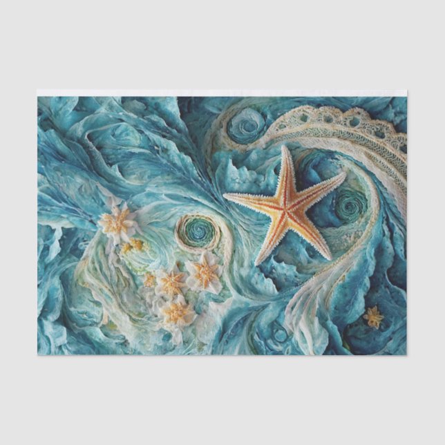 Papel De Seda Estrellas de Mar Lacy, olas del océano y estrellas (Anverso)