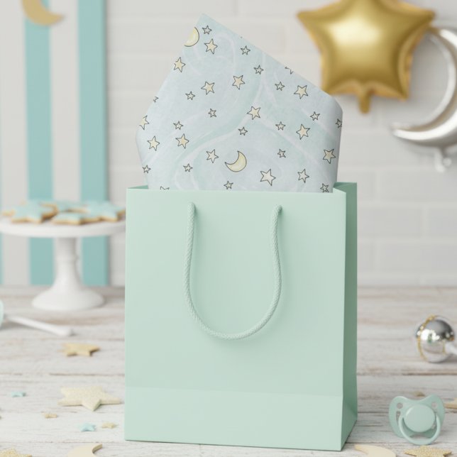 Papel De Seda Estrellas de menta y lunas rápidas (Cute Stars and Moons Pattern Pastel Mint Gender Neutral Baby Shower Tissue Paper for Mother to Be.)