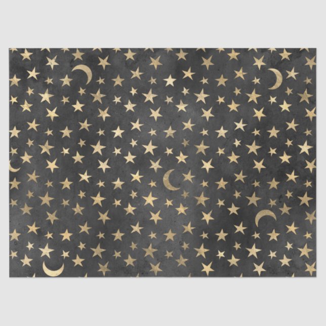 Papel De Seda Estrellas de oro y lunas en negro (Anverso)