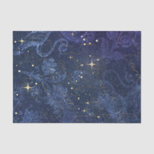 Papel De Seda Estrellas doradas celestes sobre flocado floral az