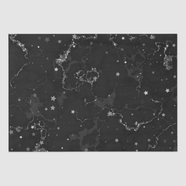 Papel De Seda Estrellas elegantes de mármol negro de plata (Anverso)