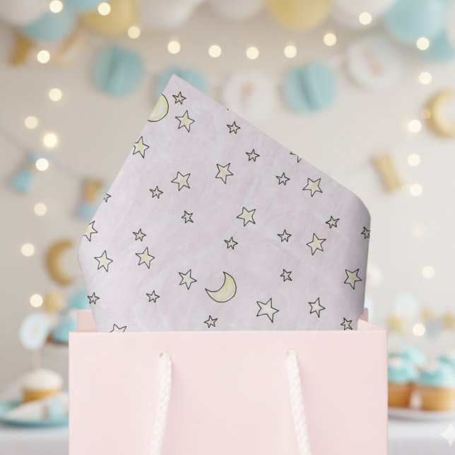 Papel De Seda Estrellas rosadas y lunas (Cute Stars and Moons Pattern Pastel Pink Gender Neutral Baby Shower Tissue Paper for Mother to Be.)