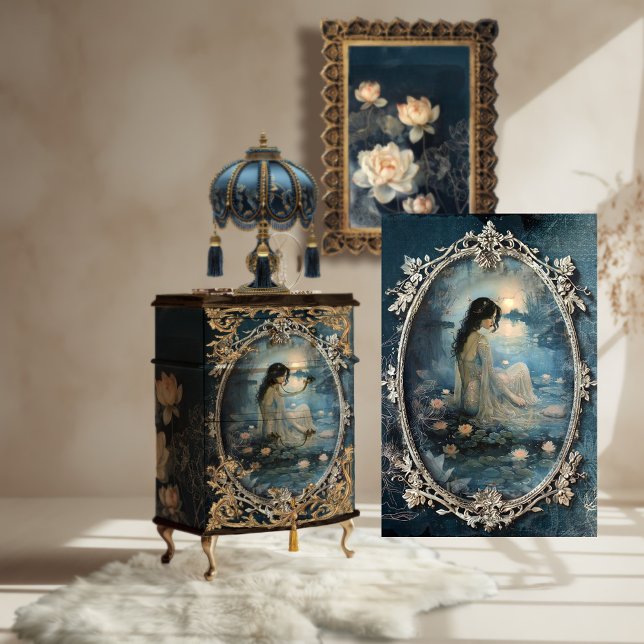 Papel De Seda Ethereal Lotus Moon Portrait & Floral Fantasy (Lotus Moon, Dark Blue, Ethereal Portrait, Digital Mixed Media Effects Art, Decoupage Tissue Paper)