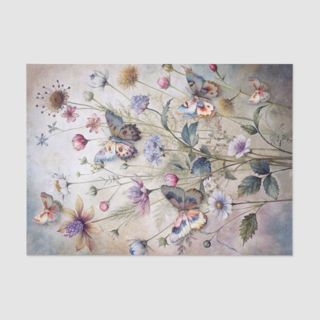 Papel De Seda Ethereal Pastel Botanical Flower & Butterflies (Anverso)