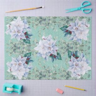 Papel De Seda Eucalipto y poinsettias de Navidad blancas en azul