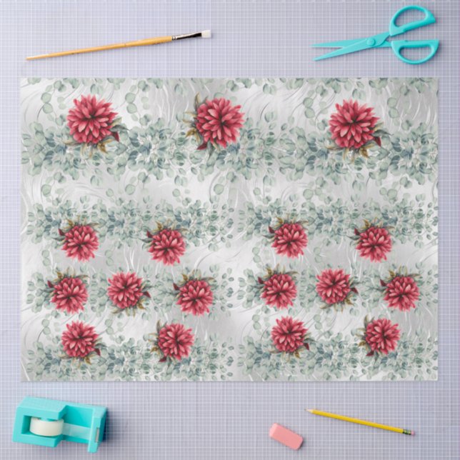 Papel De Seda Eucalyptus & Red Flowers on  Faux Foil Decoupage  (Artesanía)