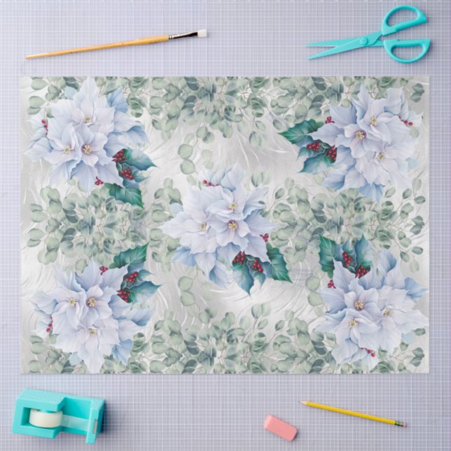Papel De Seda Eucalyptus & White Christmas Poinsettias Faux Foil (Artesanía)