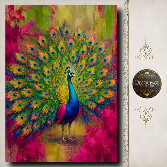 Papel De Seda Exhibición de Pavo Real Arcoíris Decoupage (Rainbow Peacock Display Decoupage Tissue Paper)