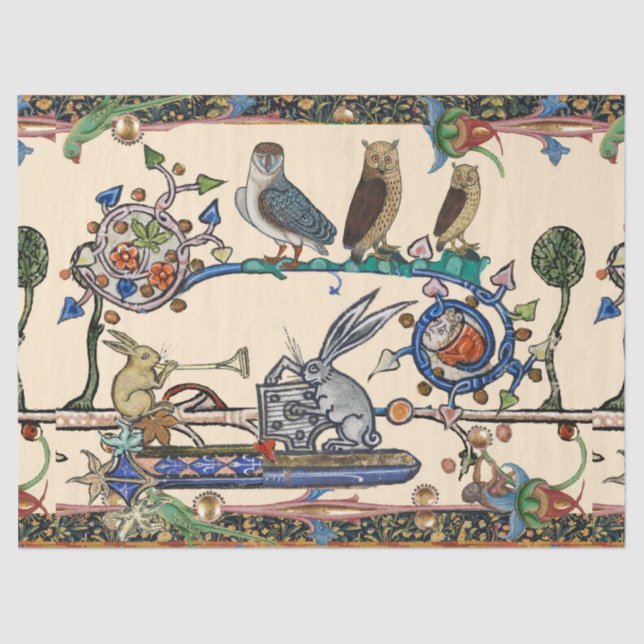 Papel De Seda EXTRAÑO BESTIARIO MEDIEVAL HACIENDO Lechuzas DE MÚ (Anverso)