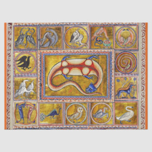 PAPEL DE SEDA EXTRAÑO BESTIARIO MEDIEVAL, SALAMANDER, ANIMALES F