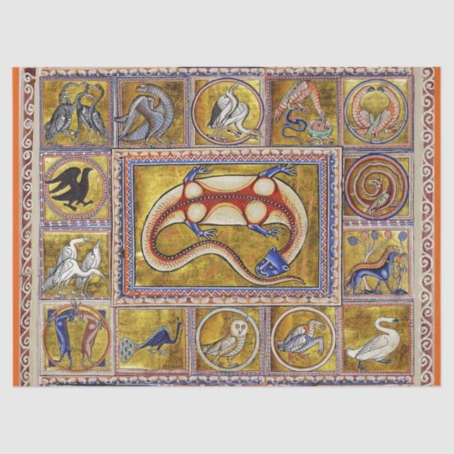 PAPEL DE SEDA EXTRAÑO BESTIARIO MEDIEVAL, SALAMANDER, ANIMALES F (Anverso)