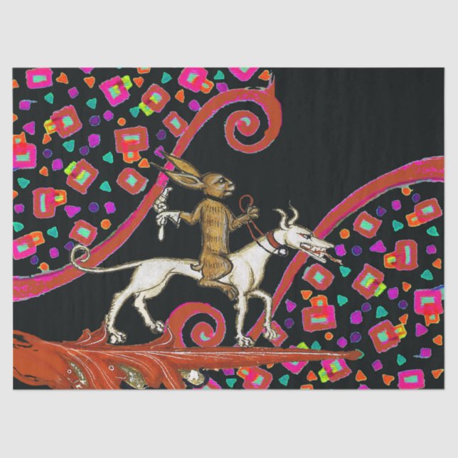 Papel De Seda EXTRAÑO conejo BESTIARIO MEDIEVAL montando un perr (Anverso)