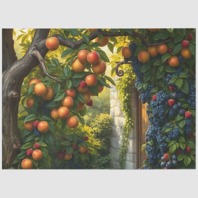 Papel De Seda Exuberante Escena Jardín Con Manzanas Y Uvas Libre (Anverso)
