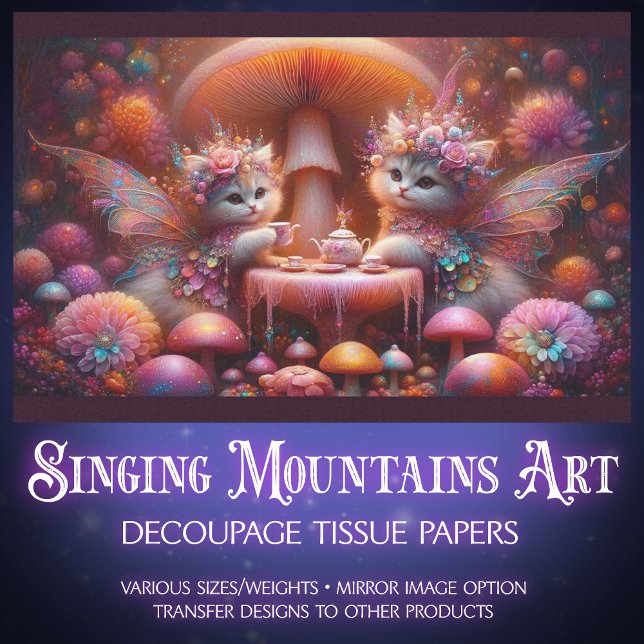 Papel De Seda Fairy Kittens Mushroom Tea Fantasy Art Decoupage (Subido por el creador)