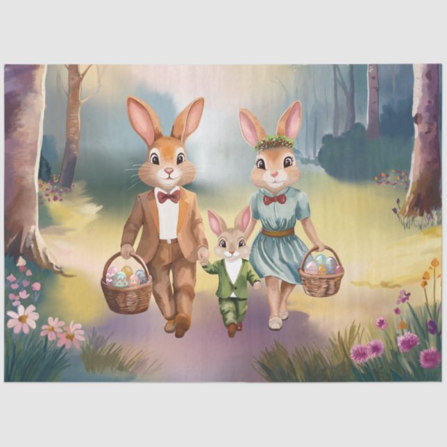 Papel De Seda Familia conejo de Pascua persiguiendo huevos - acu (Anverso)