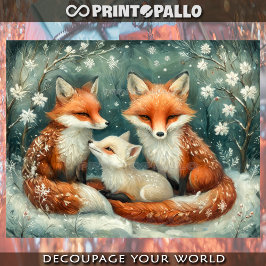 Papel De Seda Familia de zorros peludos en Navidad nevada