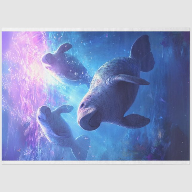 Papel De Seda Familia Manatee de las Aguas Azules del Caribe (Anverso)
