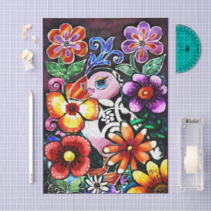 Papel De Seda Fancástico pájaro frailecillo abstracto en flores