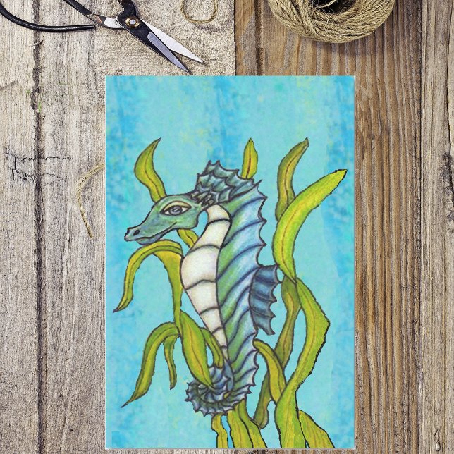 Papel De Seda Fantasía Blue Sea Dragon Seahorse Seaweed (Fantasy seahorse in aqua blue, green and white in seaweed on water blue tissue paper.)