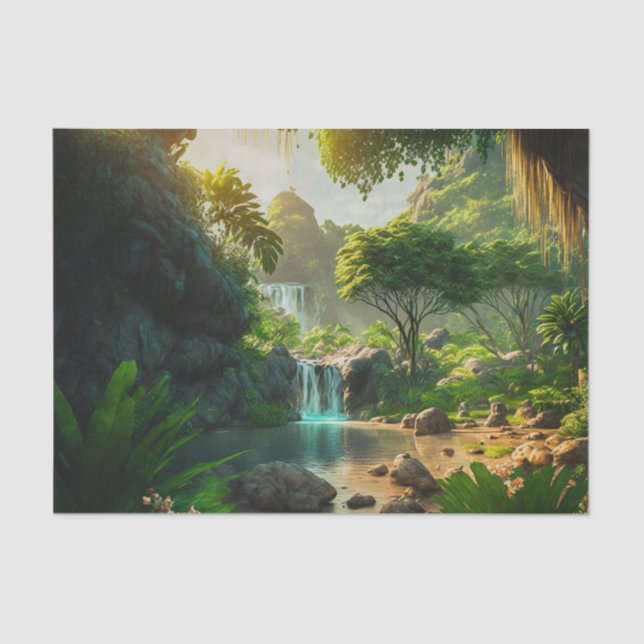 Papel De Seda Fantasía en el paraíso tropical con cascada (Anverso)