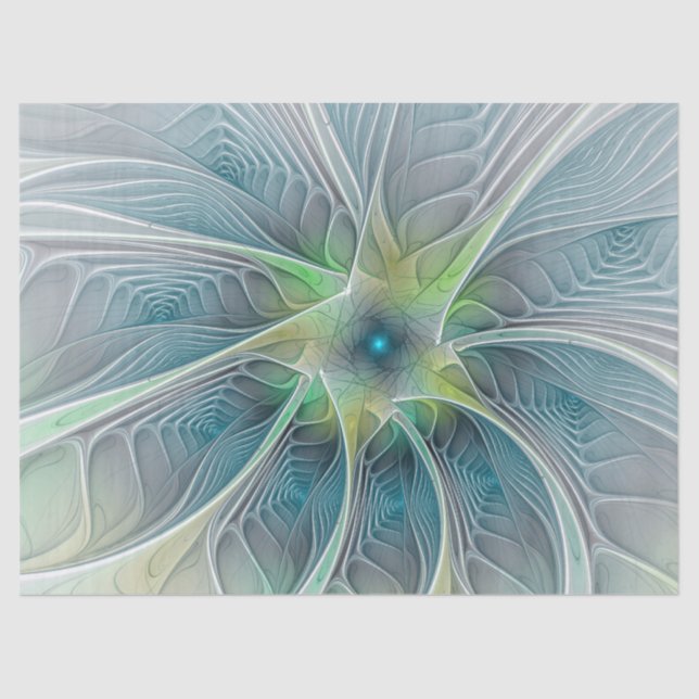 Papel De Seda Fantasía Flor Fractal Verde Azul (Anverso)