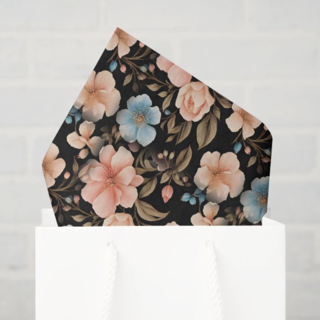 Papel De Seda Fantasía floral azul y melocotón (Bolsa de regalo)