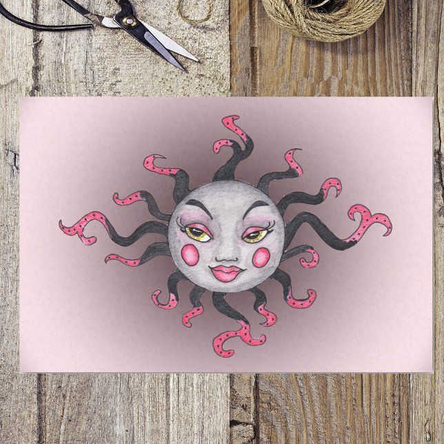 Papel De Seda Fantasía Gótica Black Pink Sun Goddess Face (Grey fantasy sun with pretty face black pink Gothic rays on pink wrapping tissue paper.)