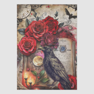 Papel De Seda Fantasía Gótica Cuervo y Rosas Rojas Decoupage 