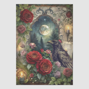 Papel De Seda Fantasía Gótica Cuervo y Rosas Rojas Decoupage