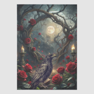 Papel De Seda Fantasía Gótica Cuervo y Rosas Rojas Decoupage